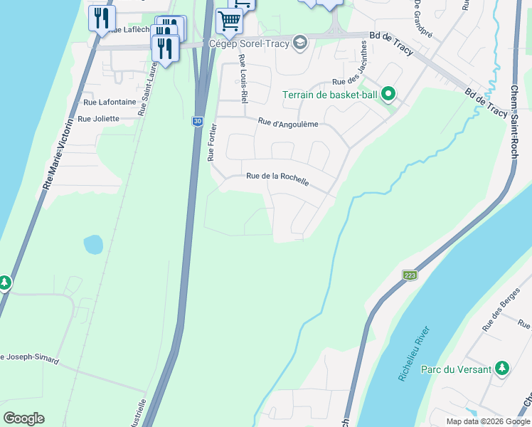 map of restaurants, bars, coffee shops, grocery stores, and more near in Sorel-Tracy