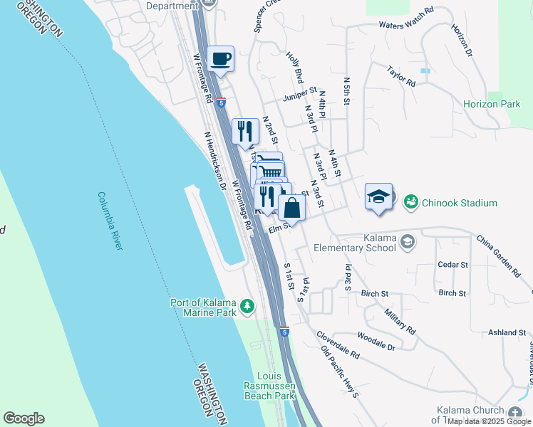 map of restaurants, bars, coffee shops, grocery stores, and more near 157 South 1st Place in Kalama