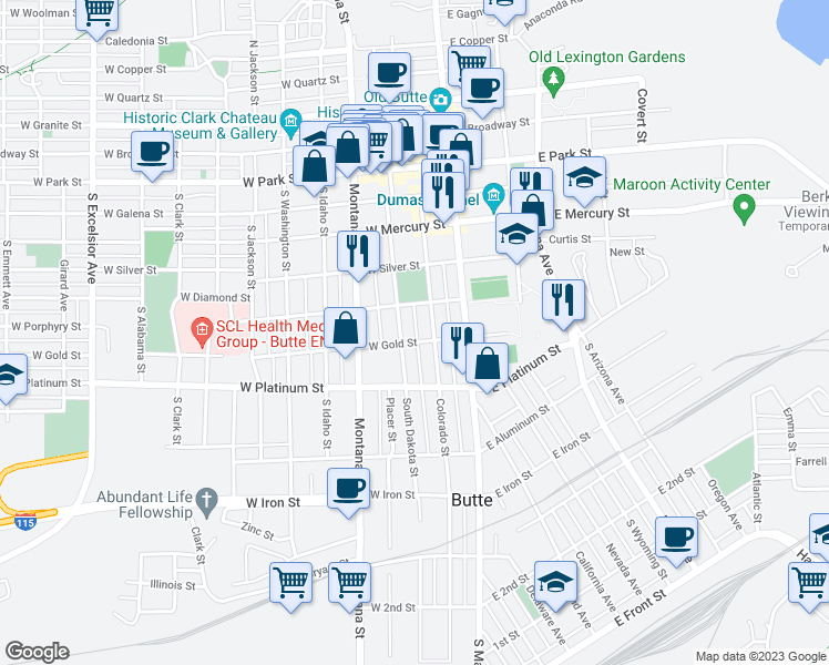 map of restaurants, bars, coffee shops, grocery stores, and more near 61 West Gold Street in Butte