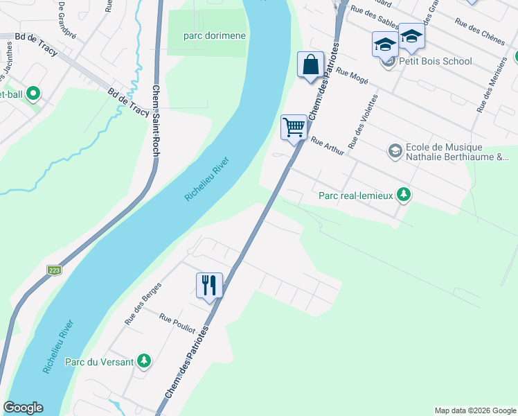 map of restaurants, bars, coffee shops, grocery stores, and more near 1222 Chemin des Patriotes in Sorel-Tracy