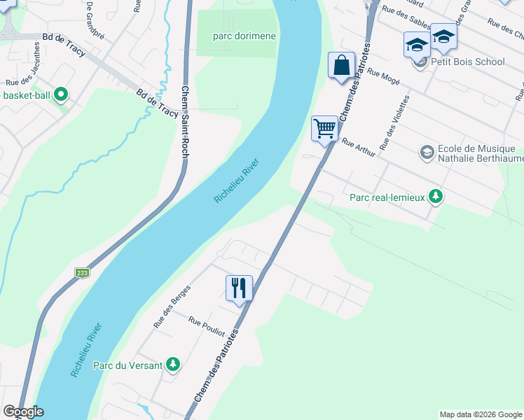 map of restaurants, bars, coffee shops, grocery stores, and more near 1226 Chemin des Patriotes in Sorel-Tracy