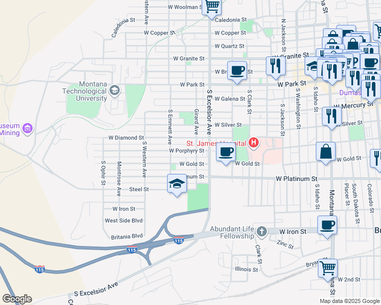 map of restaurants, bars, coffee shops, grocery stores, and more near 1001 West Gold Street in Butte
