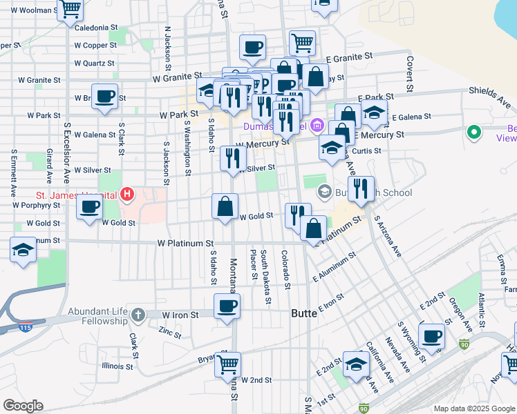 map of restaurants, bars, coffee shops, grocery stores, and more near 501 South Dakota Street in Butte