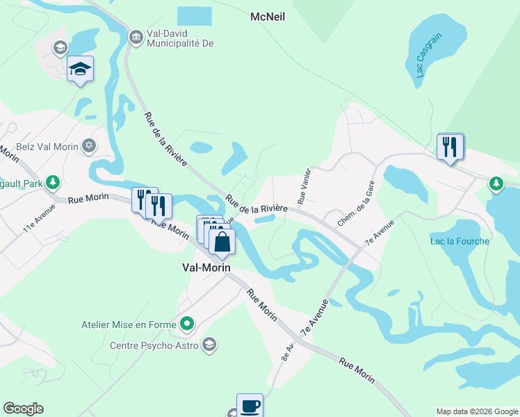 map of restaurants, bars, coffee shops, grocery stores, and more near Rue de la Rivière in Val-Morin