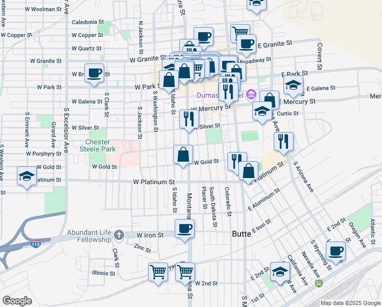 map of restaurants, bars, coffee shops, grocery stores, and more near 430 South Montana Street in Butte