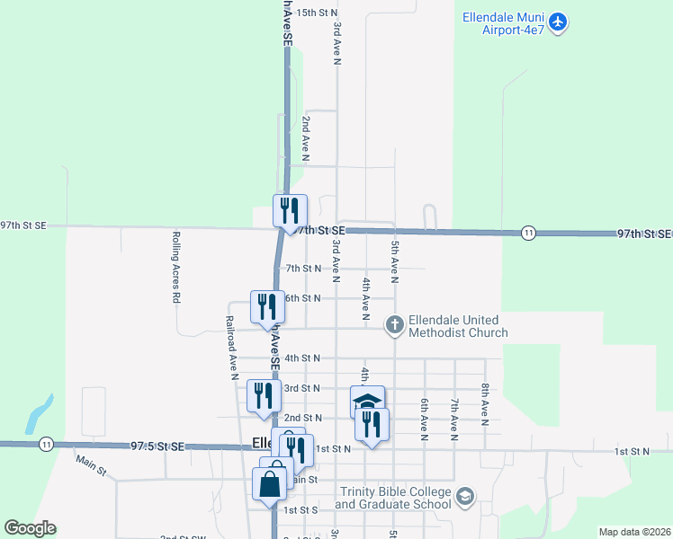 map of restaurants, bars, coffee shops, grocery stores, and more near 699 3rd Ave N in Ellendale