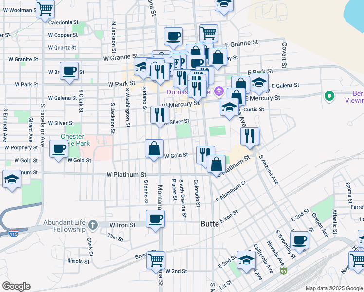 map of restaurants, bars, coffee shops, grocery stores, and more near 501 South Dakota Street in Butte