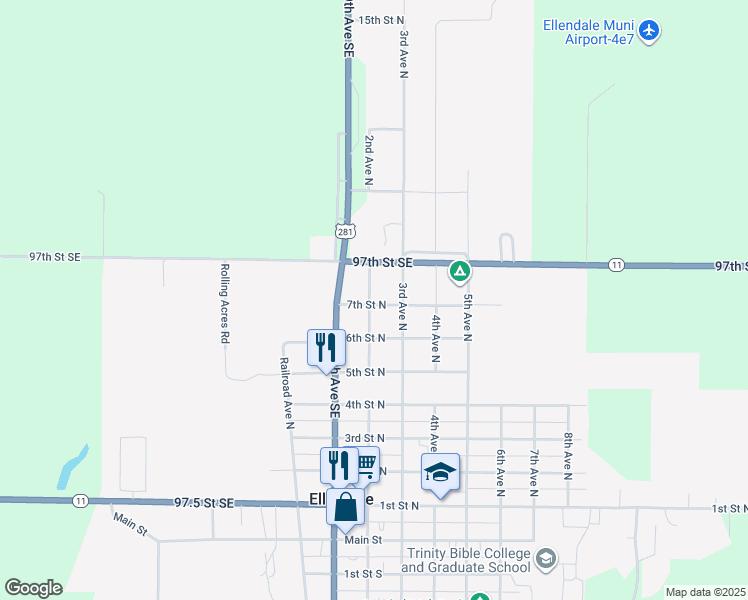 map of restaurants, bars, coffee shops, grocery stores, and more near 101-199 6th St N in Ellendale