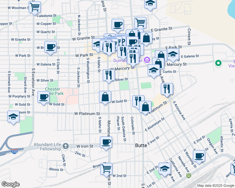 map of restaurants, bars, coffee shops, grocery stores, and more near 501 South Dakota Street in Butte