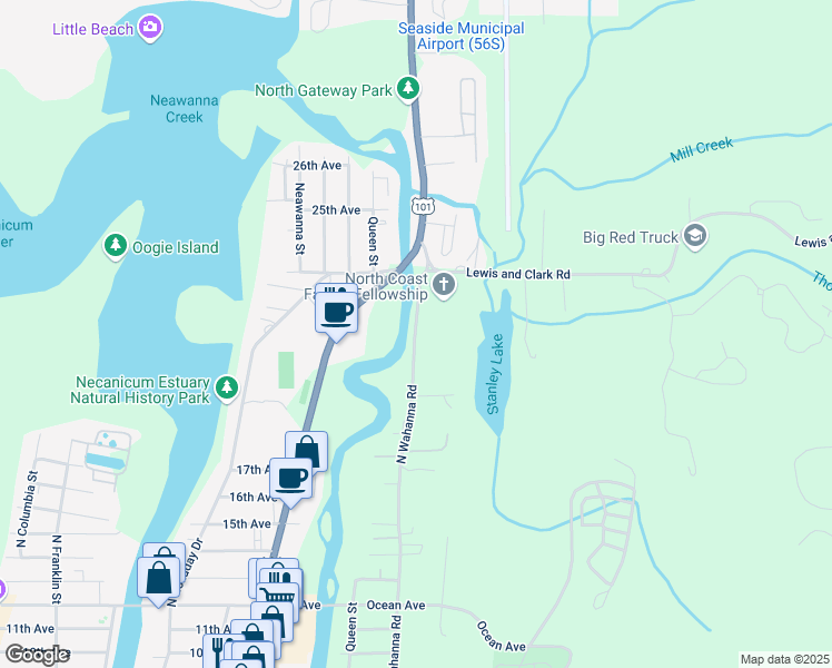 map of restaurants, bars, coffee shops, grocery stores, and more near 2245 North Wahanna Road in Seaside