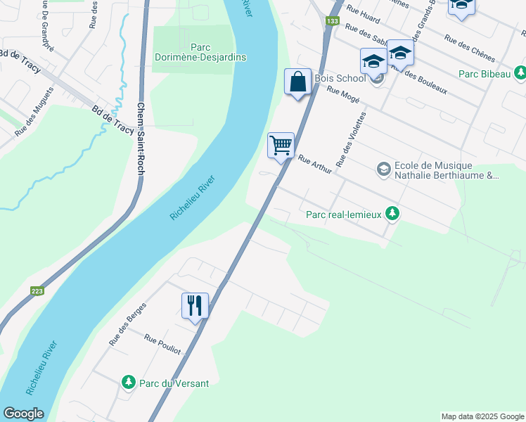 map of restaurants, bars, coffee shops, grocery stores, and more near 1255 Chemin des Patriotes in Sorel-Tracy