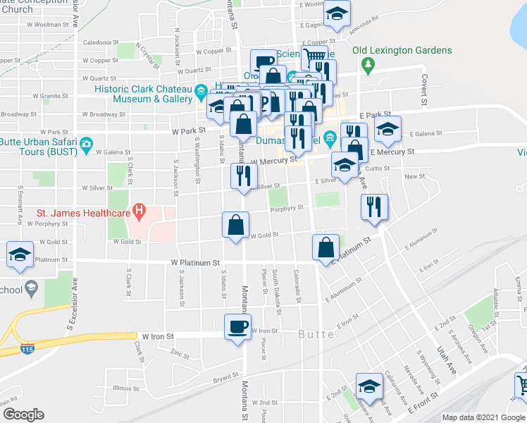 map of restaurants, bars, coffee shops, grocery stores, and more near 104 West Porphyry Street in Butte