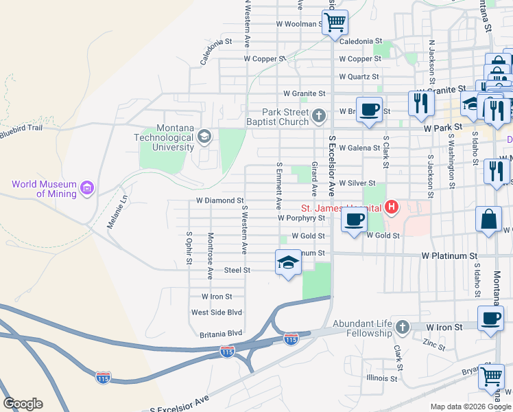map of restaurants, bars, coffee shops, grocery stores, and more near 1121 West Diamond Street in Butte