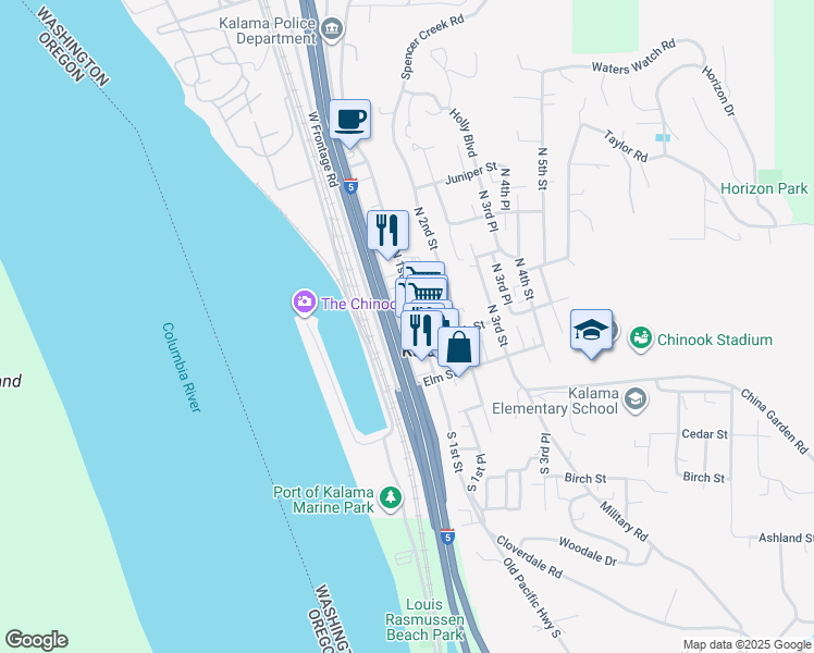 map of restaurants, bars, coffee shops, grocery stores, and more near 55 Geranium Street in Kalama