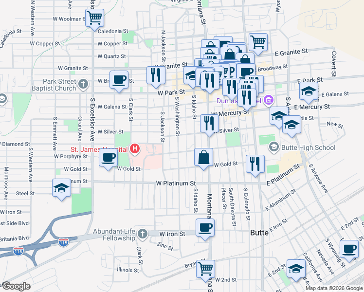 map of restaurants, bars, coffee shops, grocery stores, and more near 328 South Washington Street in Butte