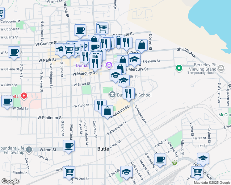 map of restaurants, bars, coffee shops, grocery stores, and more near 401 South Wyoming Street in Butte