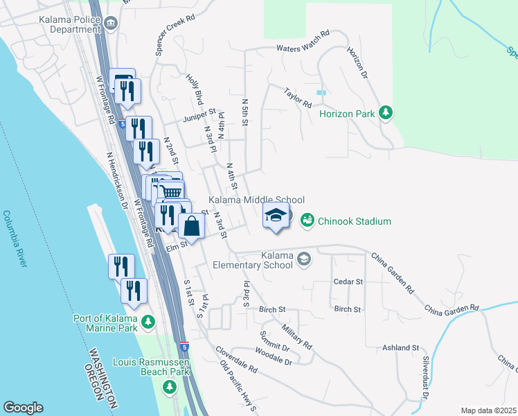 map of restaurants, bars, coffee shops, grocery stores, and more near 548 China Garden Road in Kalama