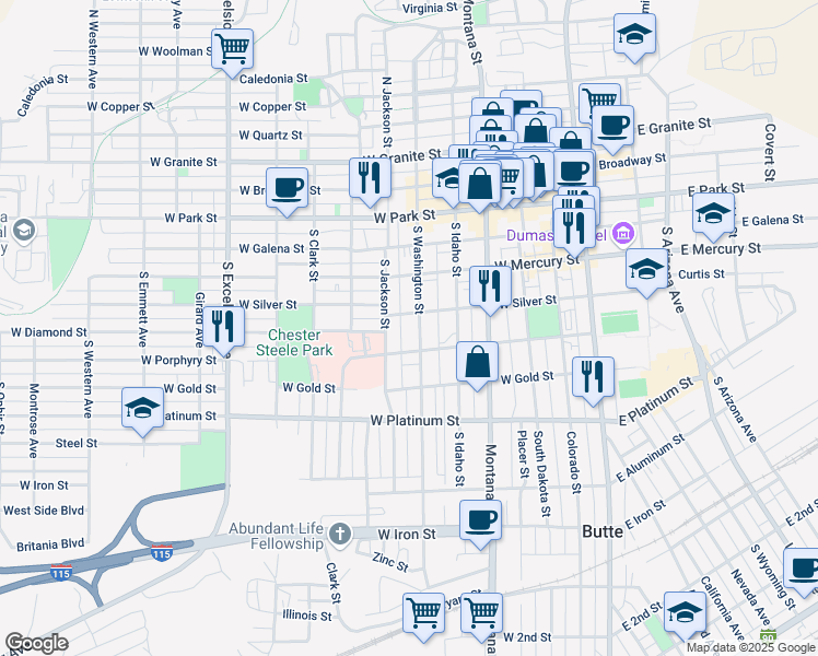map of restaurants, bars, coffee shops, grocery stores, and more near 315 South Washington Street in Butte