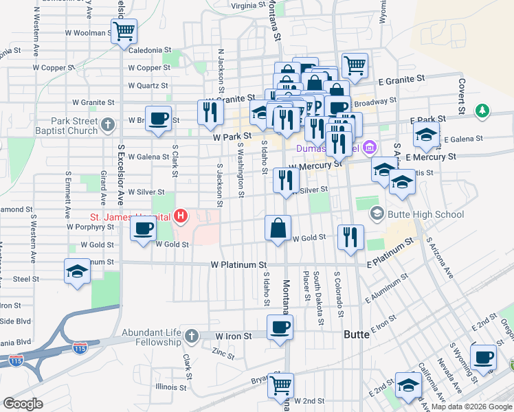 map of restaurants, bars, coffee shops, grocery stores, and more near 313 South Idaho Street in Butte