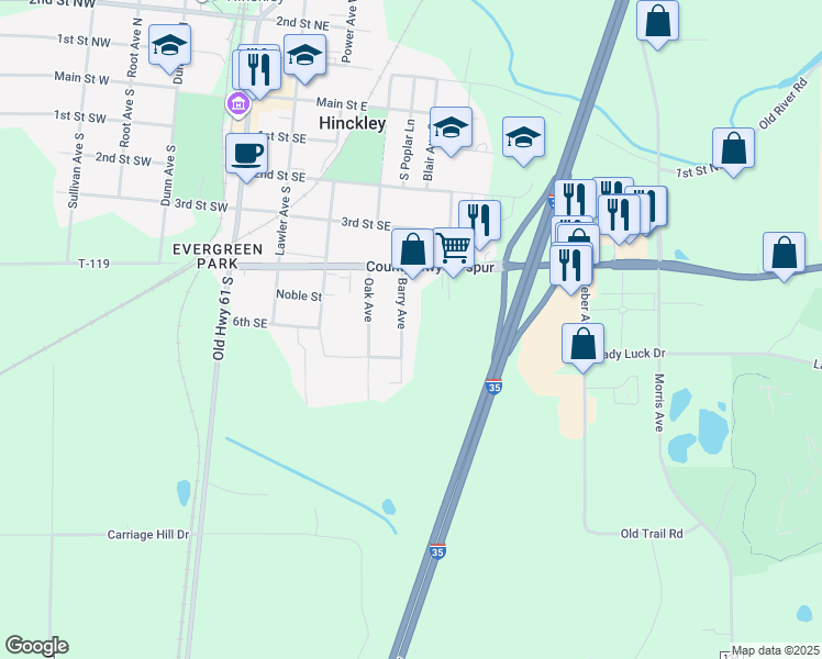 map of restaurants, bars, coffee shops, grocery stores, and more near 512B Barry Avenue in Hinckley