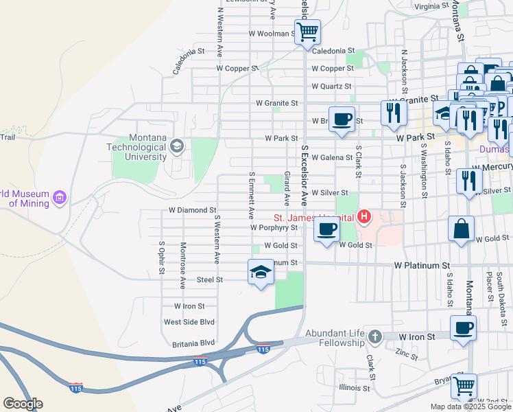 map of restaurants, bars, coffee shops, grocery stores, and more near 1057 West Diamond Street in Butte