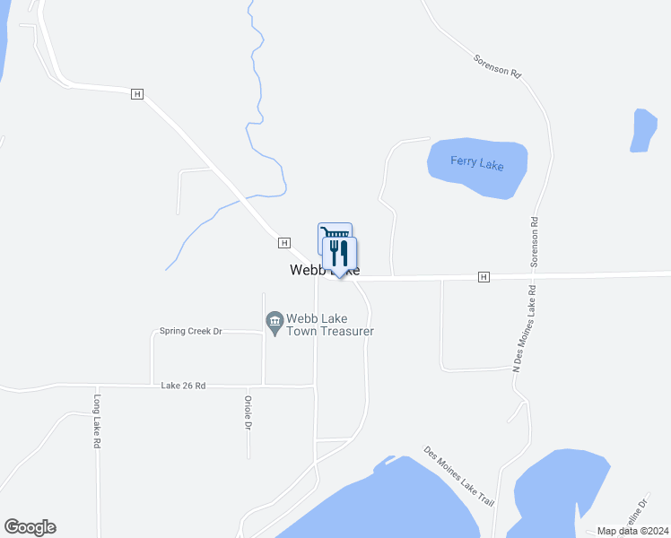 map of restaurants, bars, coffee shops, grocery stores, and more near 30336 County Road H in Webb Lake