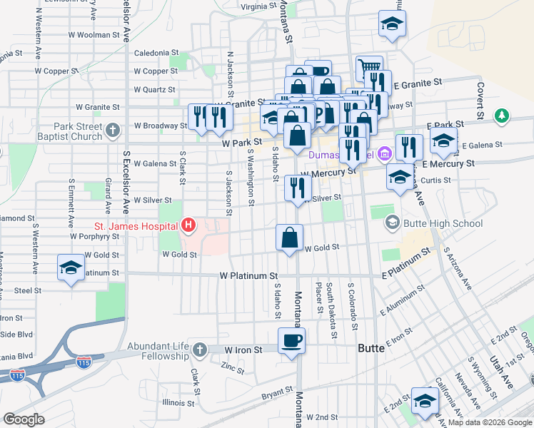 map of restaurants, bars, coffee shops, grocery stores, and more near 313 South Idaho Street in Butte