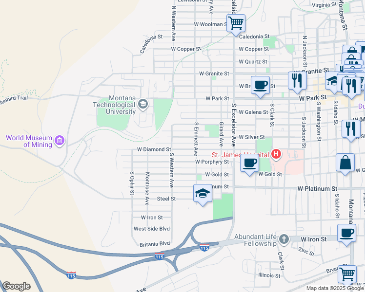 map of restaurants, bars, coffee shops, grocery stores, and more near 1121 West Diamond Street in Butte