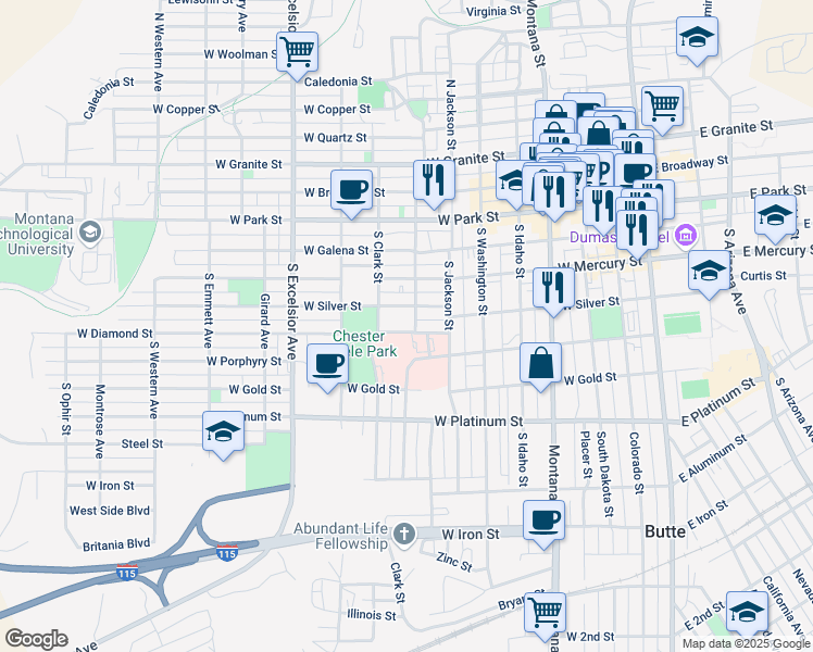 map of restaurants, bars, coffee shops, grocery stores, and more near 611 West Diamond Street in Butte