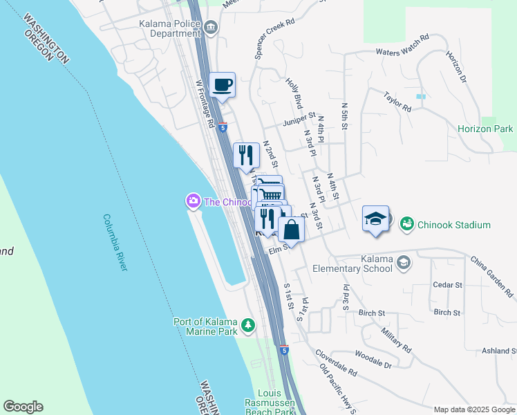 map of restaurants, bars, coffee shops, grocery stores, and more near 55 Geranium Street in Kalama