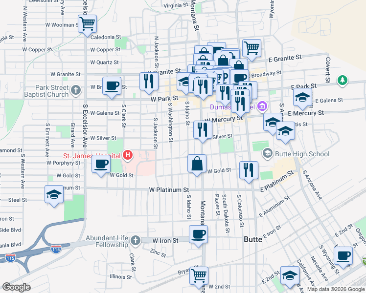 map of restaurants, bars, coffee shops, grocery stores, and more near 313 South Idaho Street in Butte