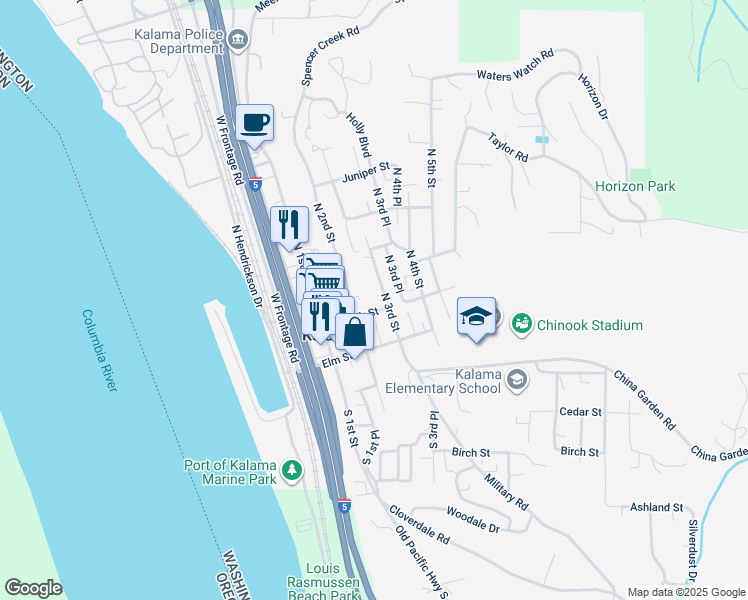 map of restaurants, bars, coffee shops, grocery stores, and more near 258 Fir Street in Kalama