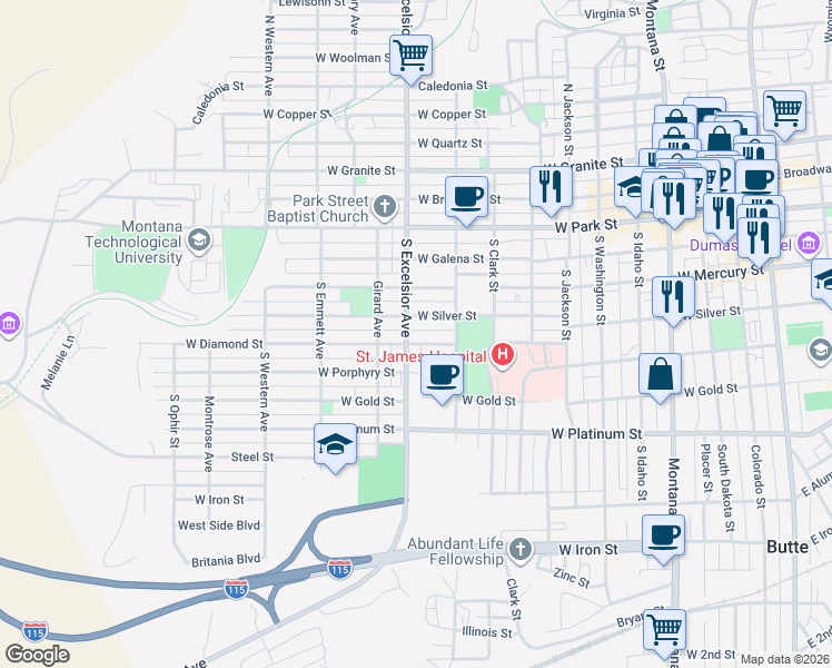 map of restaurants, bars, coffee shops, grocery stores, and more near 321 South Excelsior Avenue in Butte