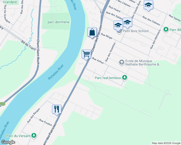 map of restaurants, bars, coffee shops, grocery stores, and more near 104 Rue Angers in Sorel-Tracy