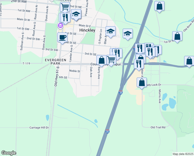 map of restaurants, bars, coffee shops, grocery stores, and more near 512B Barry Avenue in Hinckley