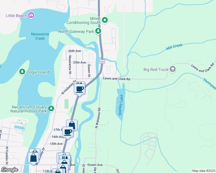 map of restaurants, bars, coffee shops, grocery stores, and more near 2245 North Wahanna Road in Seaside