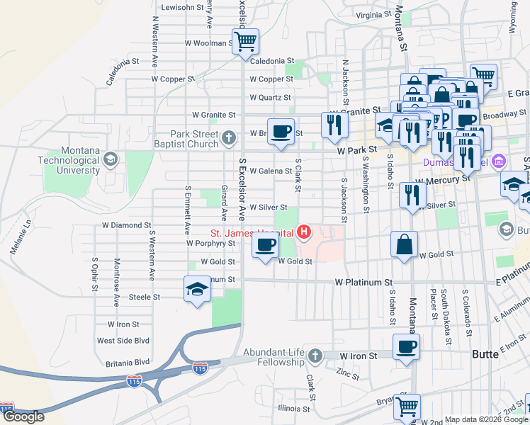 map of restaurants, bars, coffee shops, grocery stores, and more near 805 West Diamond Street in Butte