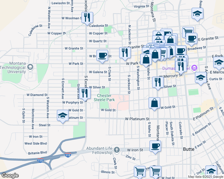 map of restaurants, bars, coffee shops, grocery stores, and more near 611 West Diamond Street in Butte