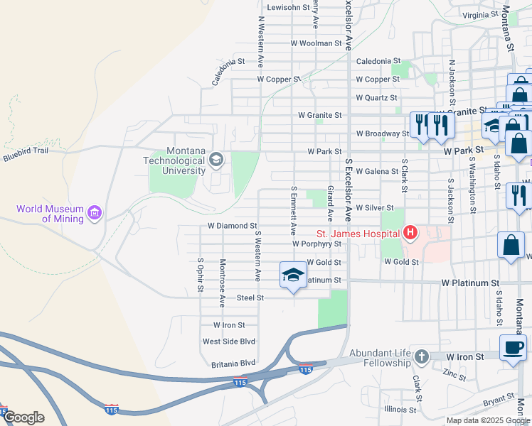 map of restaurants, bars, coffee shops, grocery stores, and more near 1121 West Diamond Street in Butte