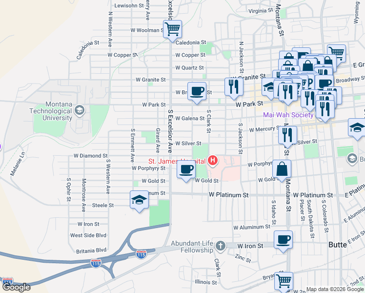 map of restaurants, bars, coffee shops, grocery stores, and more near 805 West Diamond Street in Butte
