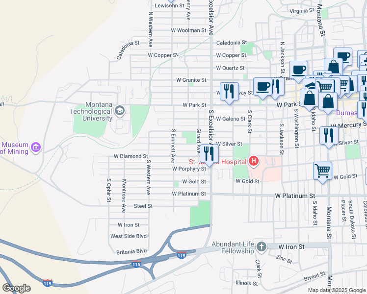 map of restaurants, bars, coffee shops, grocery stores, and more near 1057 West Diamond Street in Butte