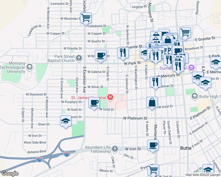 map of restaurants, bars, coffee shops, grocery stores, and more near 634 West Silver Street in Butte