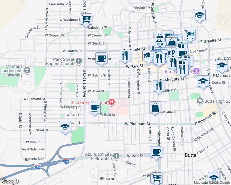 map of restaurants, bars, coffee shops, grocery stores, and more near 614 West Silver Street in Butte