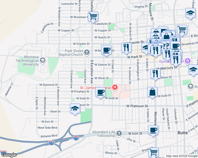 map of restaurants, bars, coffee shops, grocery stores, and more near 808 West Silver Street in Butte