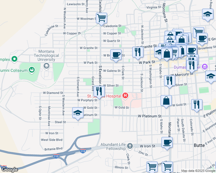 map of restaurants, bars, coffee shops, grocery stores, and more near 810 West Silver Street in Butte