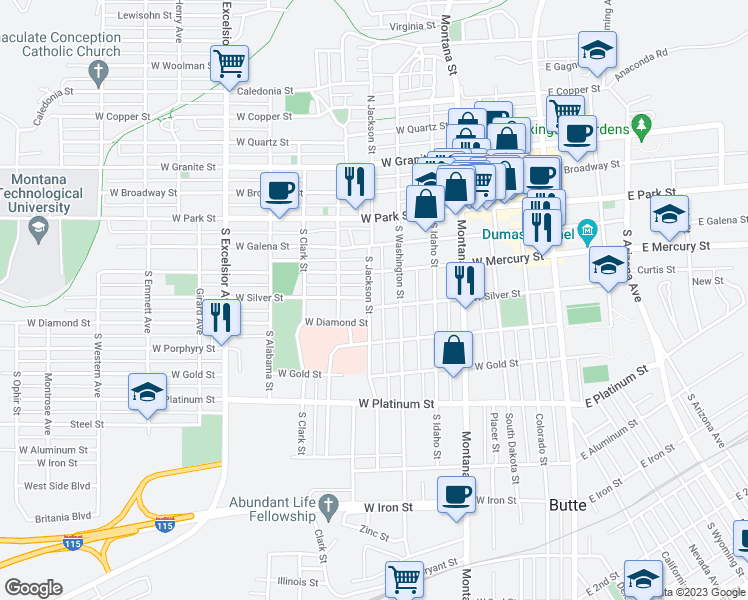 map of restaurants, bars, coffee shops, grocery stores, and more near 425 West Silver Street in Butte