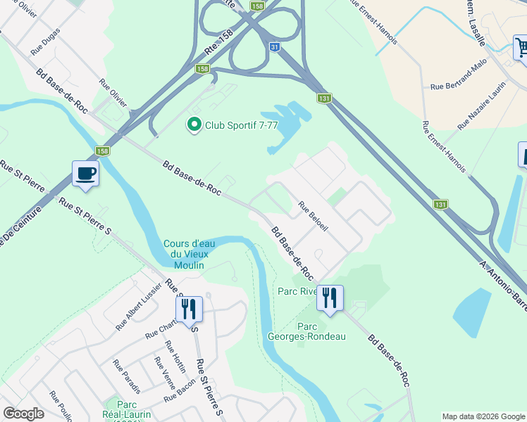 map of restaurants, bars, coffee shops, grocery stores, and more near 1214 Boulevard Base-de-Roc in Joliette