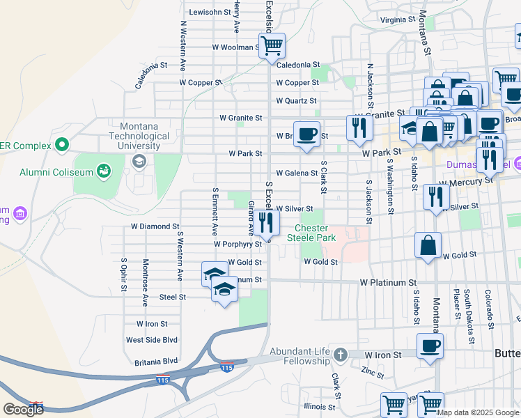 map of restaurants, bars, coffee shops, grocery stores, and more near 321 South Excelsior Avenue in Butte
