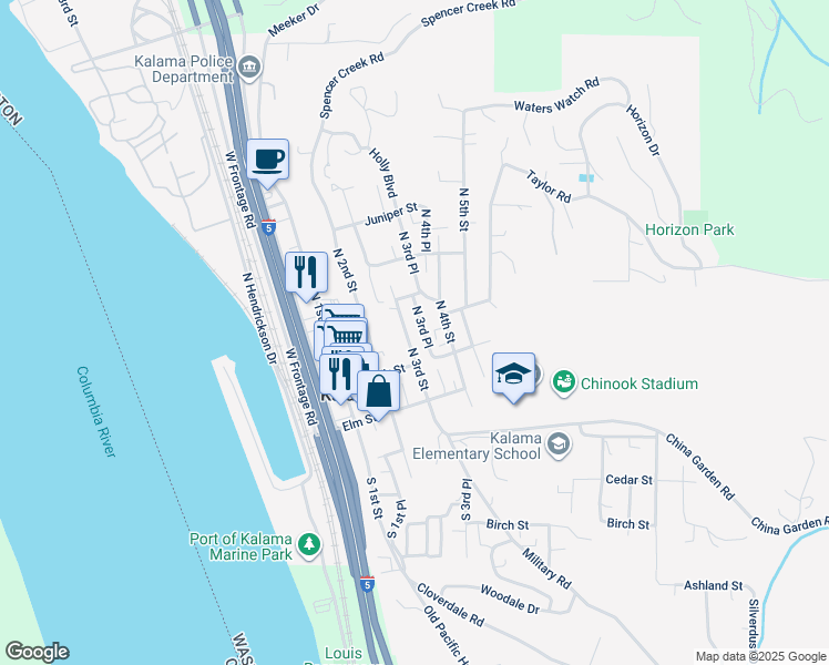 map of restaurants, bars, coffee shops, grocery stores, and more near 258 Fir Street in Kalama