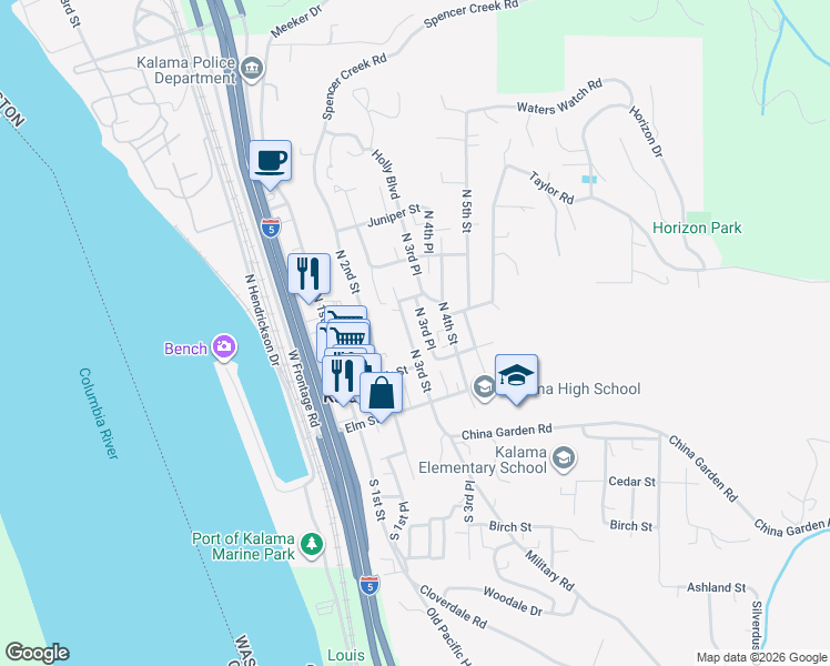 map of restaurants, bars, coffee shops, grocery stores, and more near 285 North 3rd Place in Kalama